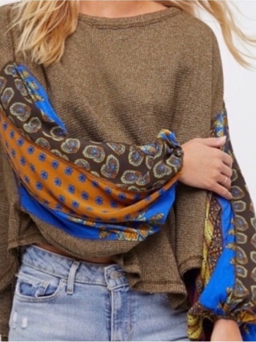 Free People We The Free Blossom Waffle Knit Boho Patchwork Balloon Sleeve Top XS